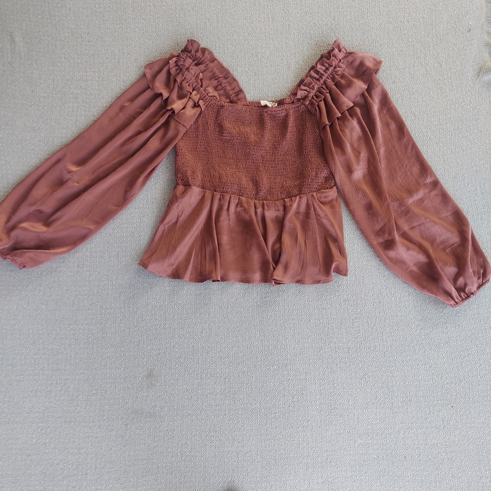 Entro Blouse Women Large Mauve Smocked Peplum Long Sleeve Ruffle Satin T16906‎